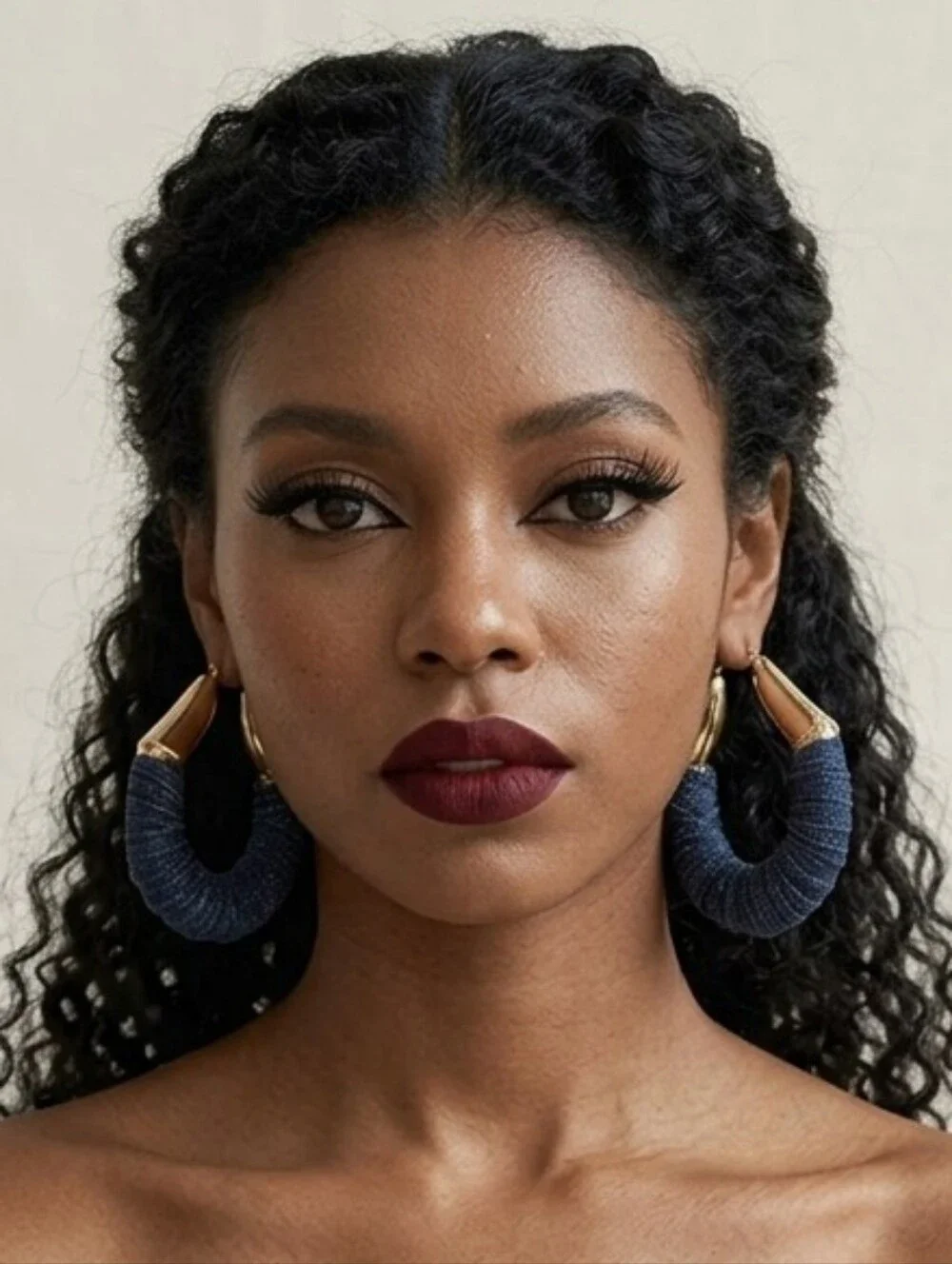Gold Blue Denim Fabric Wrapped Abstract Bamboo Doorknocker Hoop Earrings Cute